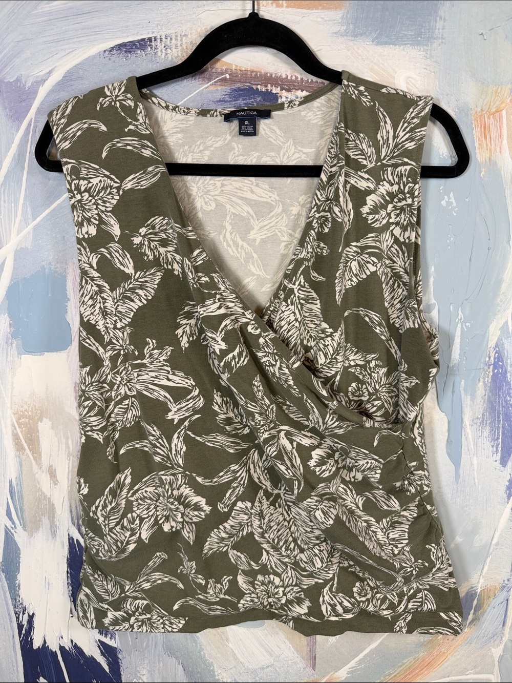 Nautica Olive Green Floral Faux Wrap Blouse Sleeveless V Neck Top XL Coastal